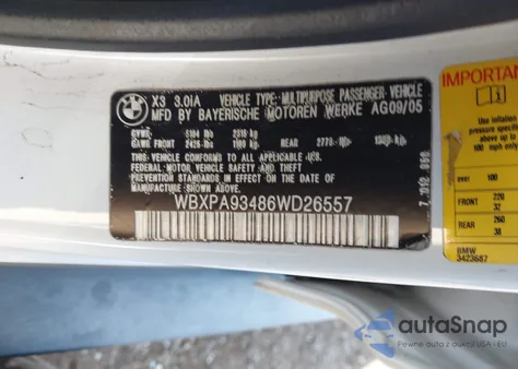 2006 BMW X3 3.0I z USA, uszkodzony, nr VIN WBXPA93486WD26557